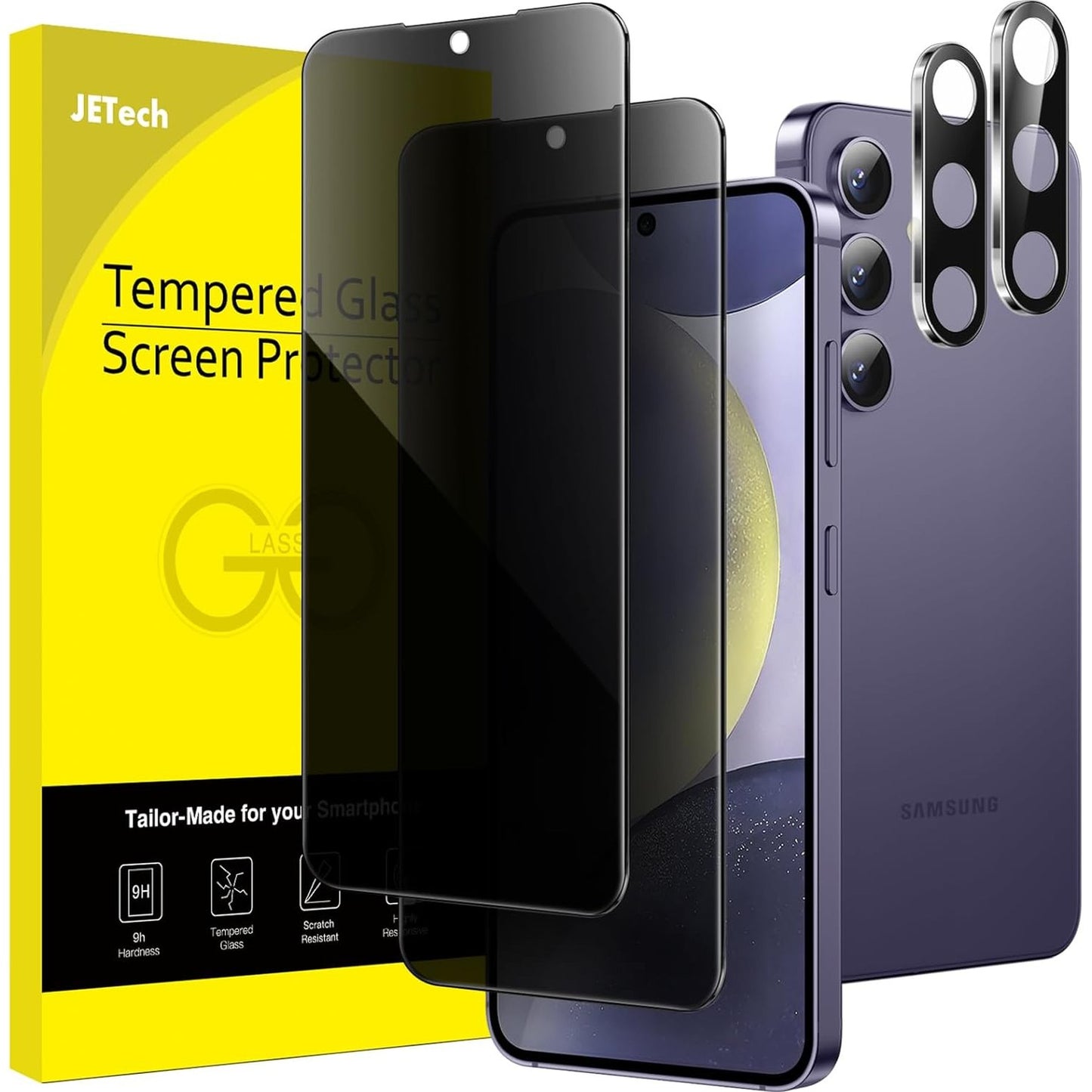 190134 - JETech MBROJTËS EKRANI për Samsung Galaxy S24+ / S24 Plus 5G, 6.7 inç, me Mbrojtje nga Kamera, Fletë prej Xhami të Temperuar Anti-Spy, Kompatibël me ID të Gjurmëve të Gishtërinjve, Pako prej 2 copë