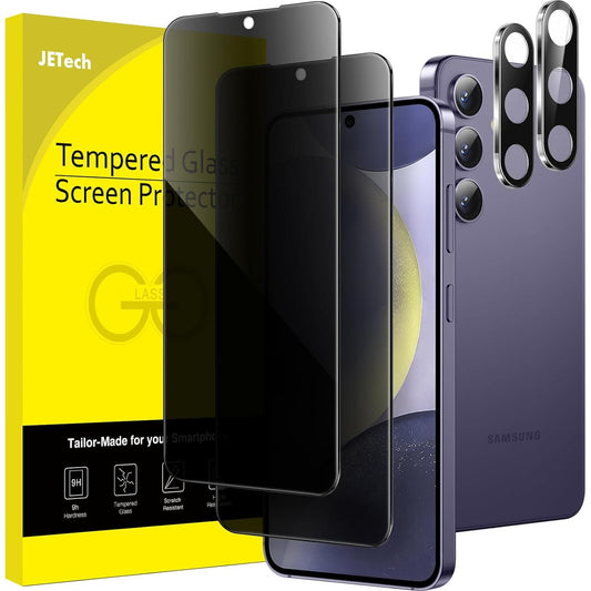 190134 - JETech MBROJTËS EKRANI për Samsung Galaxy S24+ / S24 Plus 5G, 6.7 inç, me Mbrojtje nga Kamera, Fletë prej Xhami të Temperuar Anti-Spy, Kompatibël me ID të Gjurmëve të Gishtërinjve, Pako prej 2 copë