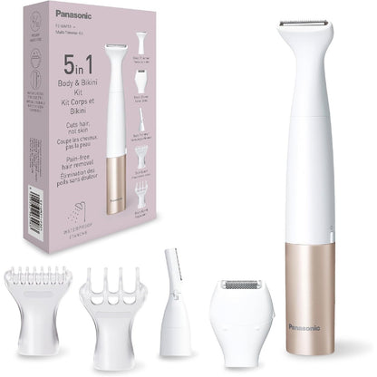 321010 - PANASONIC ES-WM31 Kit 5-në-1 për Trupin dhe Bikinin, Epilator për Gra, Brisk për Gra, Makinë Prerëse Bikinish, 5 Aksesorë, Rezistencë ndaj Ujit IPX7, Me Bateri (Nevojitet 1 AA), Ar i Bardhë