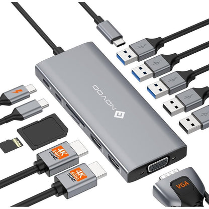 273469 - NOVOO Stacion Bakimi USB C 12-en-1, 2 HDMI, VGA, 5 Porta USB, 100W PD, Letër SD/TF, i pajtueshëm me MacBook/Dell/HP/Surface