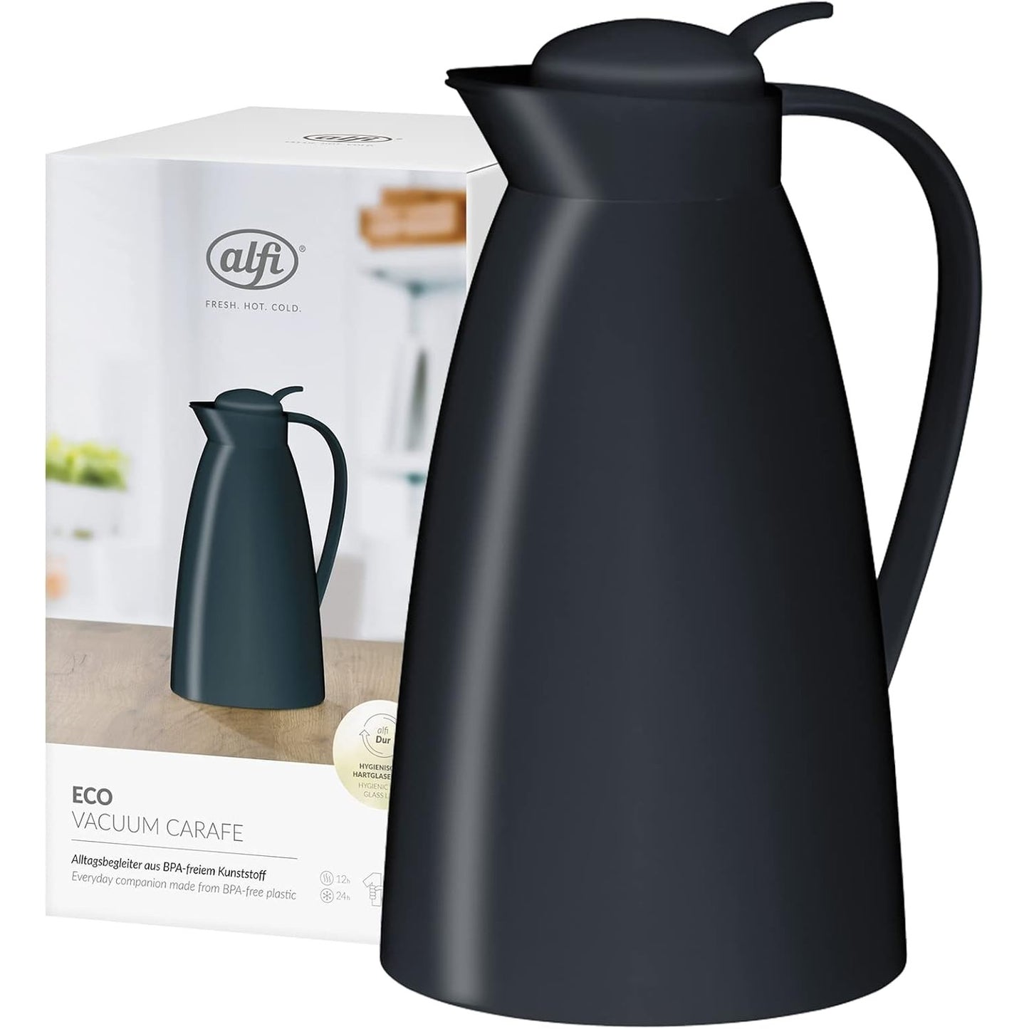 247721 - ALFI ECO Karafe e izoluar 1.0l, e zezë, me futje qelqi të temperuar, kapak me mbyllje rrotulluese, derdhje me një dorë, pa BPA