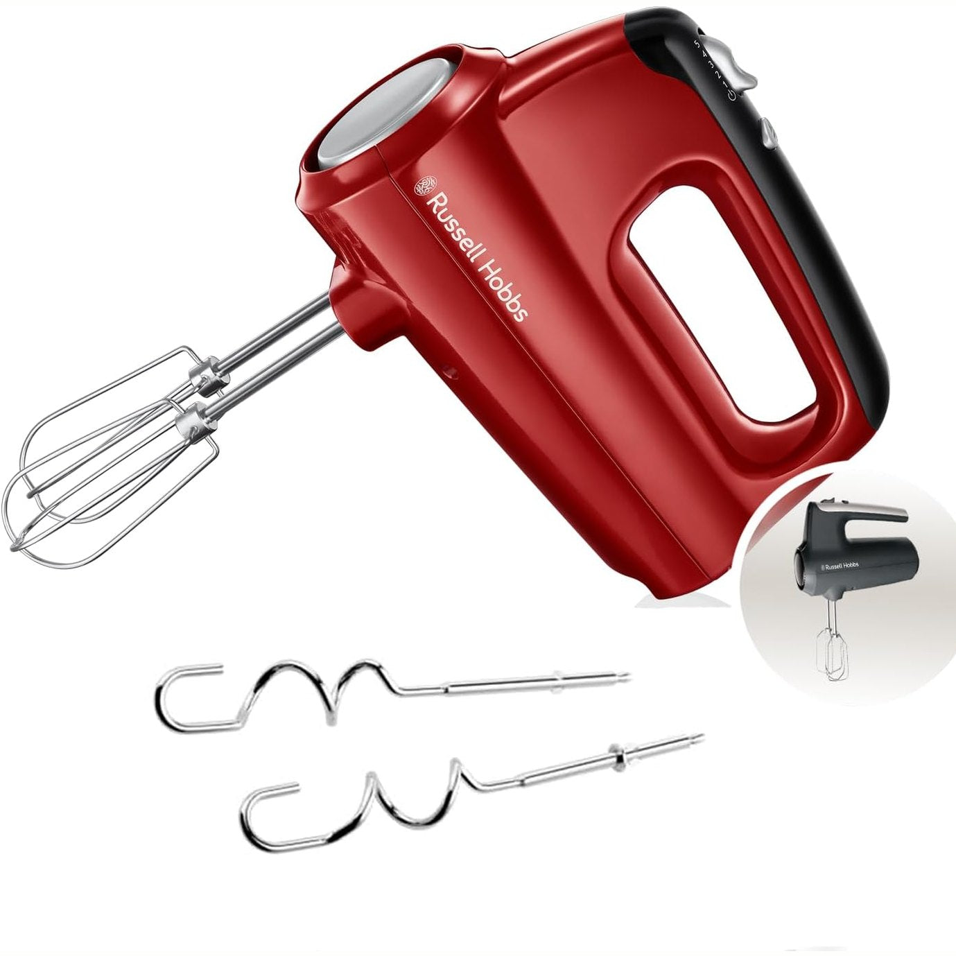277499 - RUSSELL HOBBS Mikser Dore Desire, i lehtë dhe i fuqishëm, i kuq, 5 shpejtësi + funksion turbo, 2 rrahëse brumi dhe grepa, 24670-56