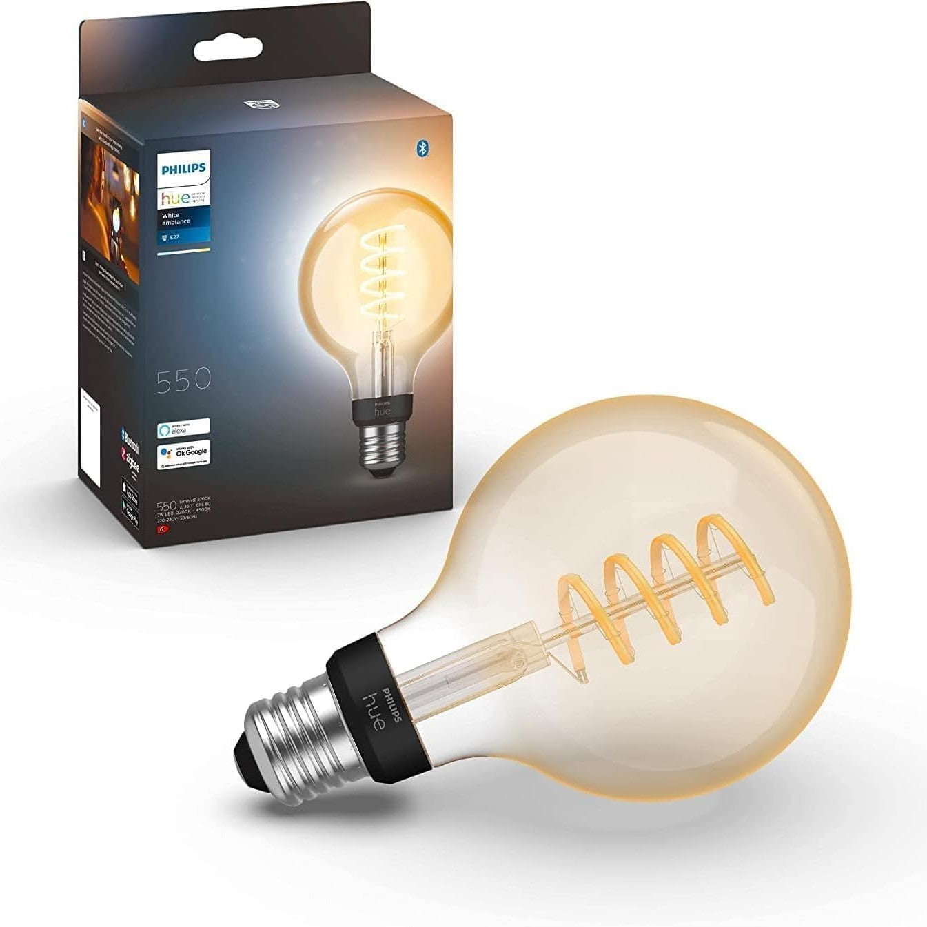 250207 - PHILIPS Hue White Ambiance E27 Filament Large Globe (550 lm), llambë LED me errësim, 1 pako