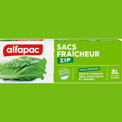 335735 - ALFAPAC 15 qese freskie me mbyllje zipe, ideale për fruta dhe perime, kapacitet 3L