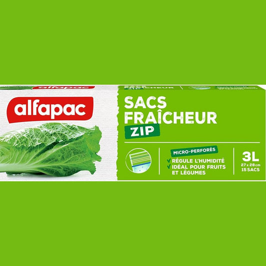 335735 - ALFAPAC 15 qese freskie me mbyllje zipe, ideale për fruta dhe perime, kapacitet 3L