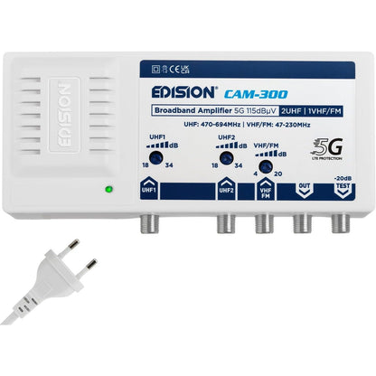 295782 - EDISION CAM-300 AMPLIFIKATOR ANTENASH TV, 2 UHF, 1 VHF/FM, 18-34dB i Rregullueshëm, 115dBmV, DVB-T/T2, UHF 470-694Mhz, VHF/FM 47-230MHz