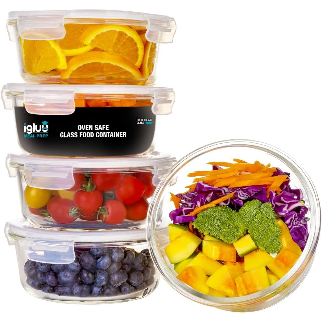 196817 - IGLUU MEAL PREP - Set Kutish Dreke prej Qelqi të Rrumbullakëta, 5 copë + Kapak Ekstra, Kapak Hermetik, Pa BPA, 950ml, Qelq Borosilikat, i Sigurt për Mikrovalë, Furrë, Ngrirje dhe Lavastovilje