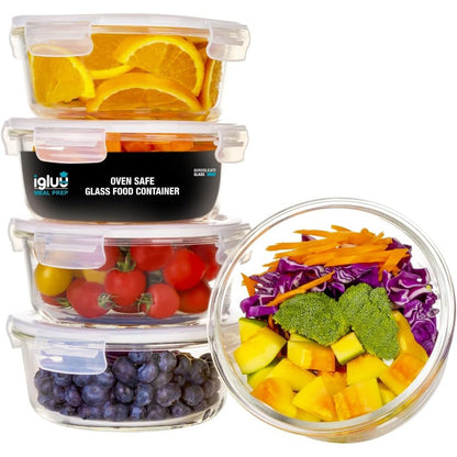 196817 - IGLUU MEAL PREP - Set Kutish Dreke prej Qelqi të Rrumbullakëta, 5 copë + Kapak Ekstra, Kapak Hermetik, Pa BPA, 950ml, Qelq Borosilikat, i Sigurt për Mikrovalë, Furrë, Ngrirje dhe Lavastovilje