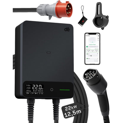 295275 - Stacion karikimi për automjete elektrike 22kW i kontrolluar nga aplikacioni [6-32A, trefazor] Kuti muri 22kW me kabllo 12.5m të tipit 2, RFID, Stacion karikimi me RCD të tipit B dhe IP54 për E-208 dhe BEV/PHEV të tjera, i zi