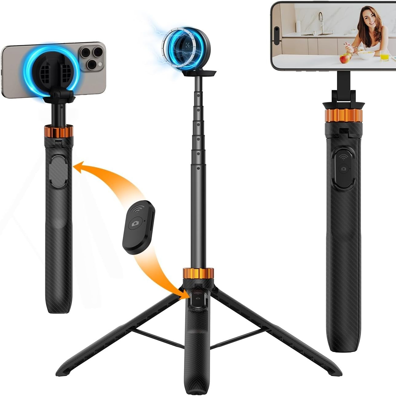273522 - K&F CONCEPT Shkop Magnetik për Selfie MS19, Tripod Telefoni 162cm me Telekomandë të Lëvizshme, Mini Tripod i Kompatibël me iPhone 17/16/15/14/13, i Pajisur me Unazë Magnetike (e Zezë)
