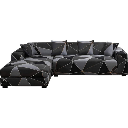 170285 - SHOWYLIVE Set 2 Pjesësh i Mbulesave të Elastikëta për Divan në Formë L, për Divanë 2-Vendëshe + 3-Vendëshe, me Skelë të Zezë dhe 4 Mbulesa Jastëkësh, Formë Universale