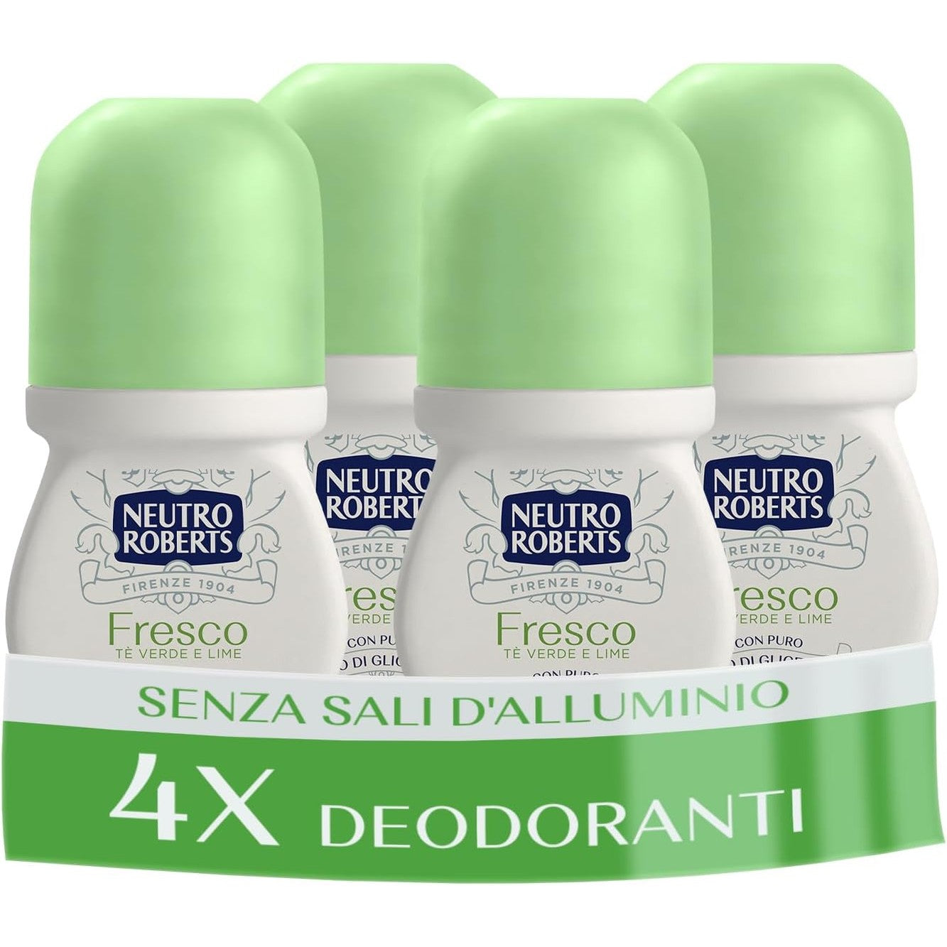 272024 - NEUTRO ROBERTS Deodorant Roll-On Fresh Green, 50 ml, Çaj Jeshil dhe Lime, Zero Kripëra Alumini, 48 orë, 4 copë