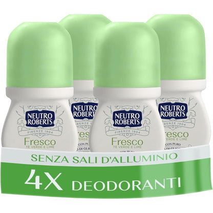 272024 - NEUTRO ROBERTS Deodorant Roll-On Fresh Green, 50 ml, Çaj Jeshil dhe Lime, Zero Kripëra Alumini, 48 orë, 4 copë