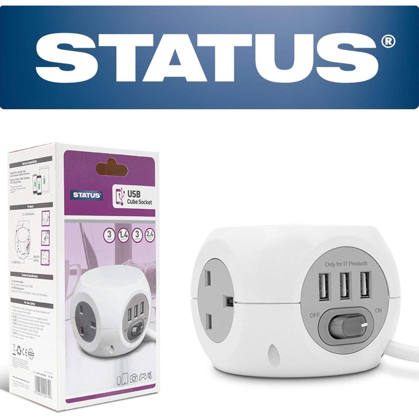 248430 - STATUS Ndërprerës 3-kahësh me 3 busha adaptori USB, Kabllo zgjatimi 1.4 m, S3W1.4M3XUSB1PK6