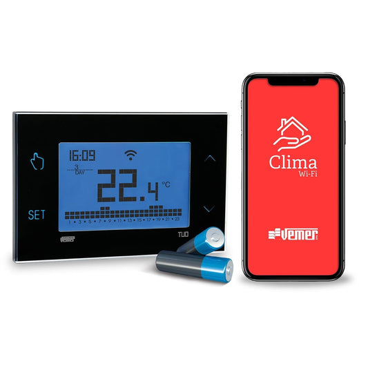 153117 - VEMER VE788700 TUO WIFI BATTERY - Termostat WiFi Inteligjent me Bateri, i Pajtueshëm me Aplikacionet iOS dhe Android, Alexa dhe Google Home, Ngjyra e Zi