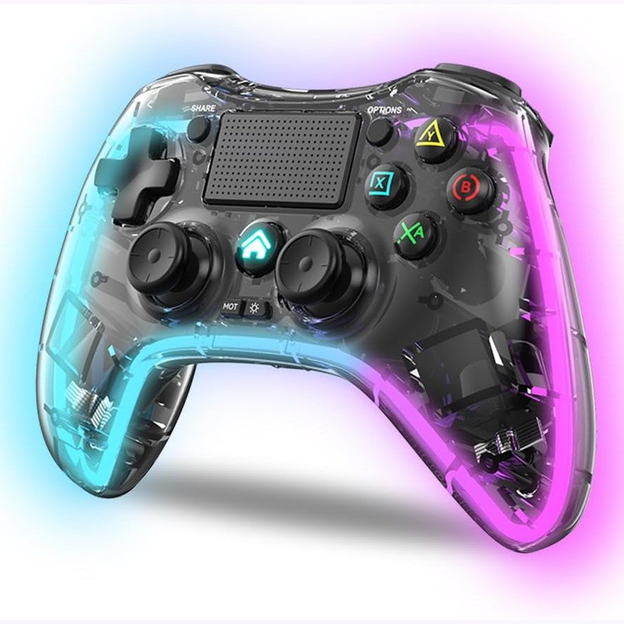 268448 - NK Kontrollues për PS4 / PC / Android - Kontrollues pa tel me dridhje, 6 boshte, 2 butona makro, 7 mënyra drite LED, touchpad, prizë kufjesh, kabllo karikimi e përfshirë - transparente e zezë
