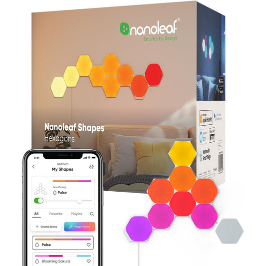 121022 - NANOLEAF - Kit Fillestar Shapes Hexagonal, 9 Drita LED Inteligjente Gjashtëkëndore RGBW për Ambient të Brendshëm, Wifi 16M, Sinkronizim me Alexa, Muzikë dhe Monitor, për Dekor dhe Lojëra