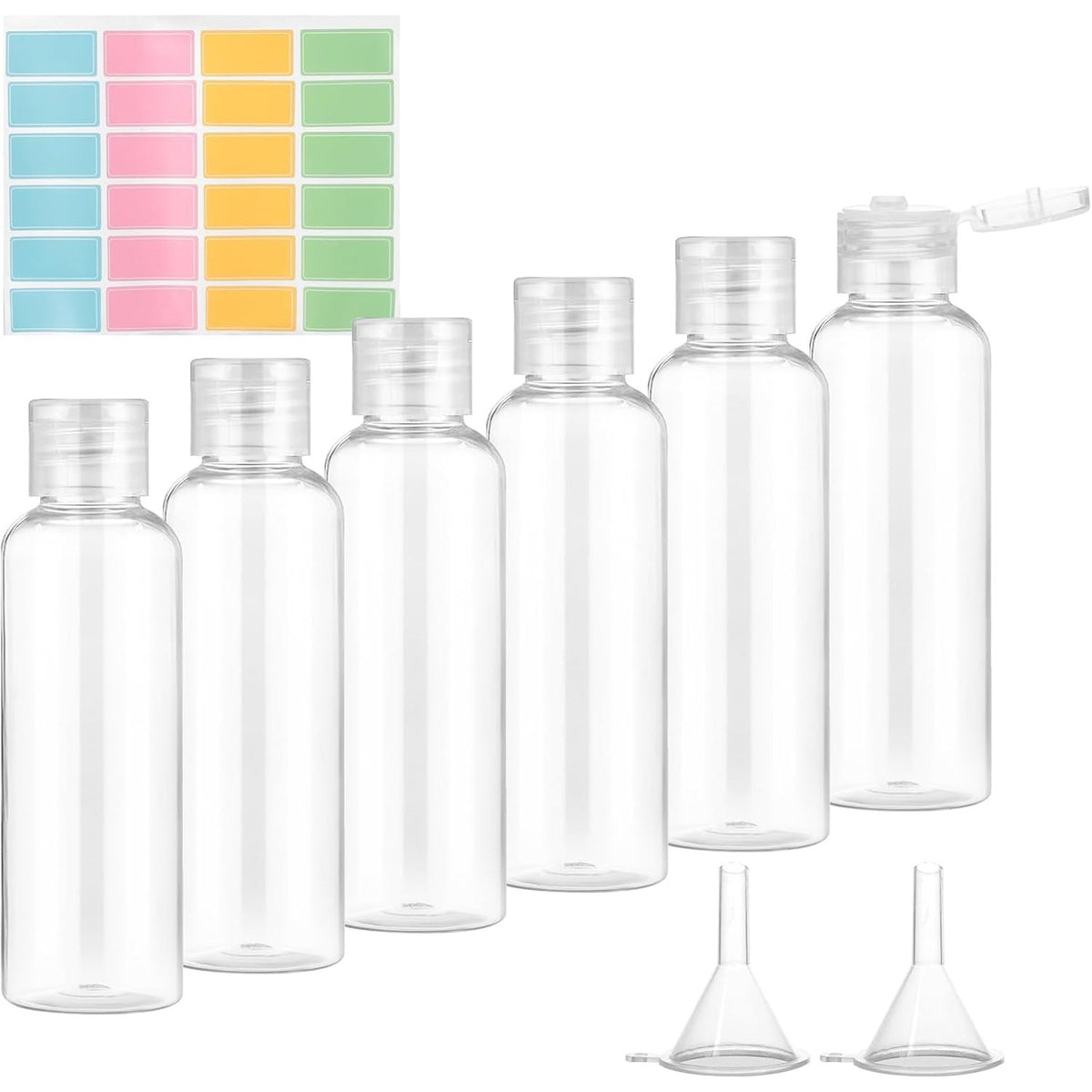 318657 - ROMON Set shishesh udhëtimi plastike transparente me 6 copë 100ml, 2 kanale, 24 etiketa udhëtimi, aksesorë për bagazhe dore, lëngje dhe kozmetikë