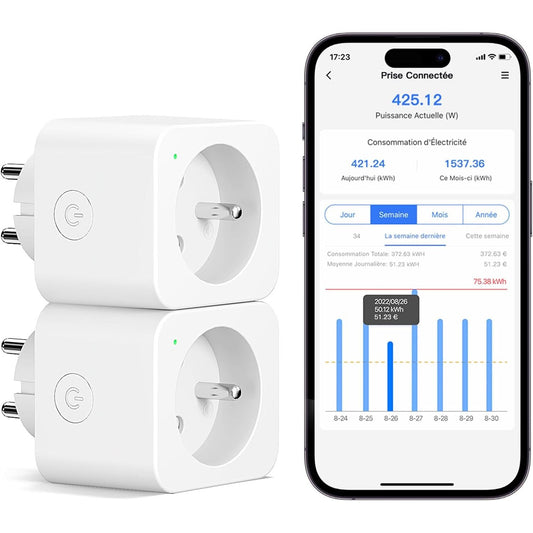 163726 - MEROSS Prizë WiFi e lidhur, 16A, Pajtueshme me Alexa dhe Google Home, Set prej 2 Prizash Matëse Inteligjente me Kontroll Zëri dhe Telekomandë, Konfigurim Bluetooth