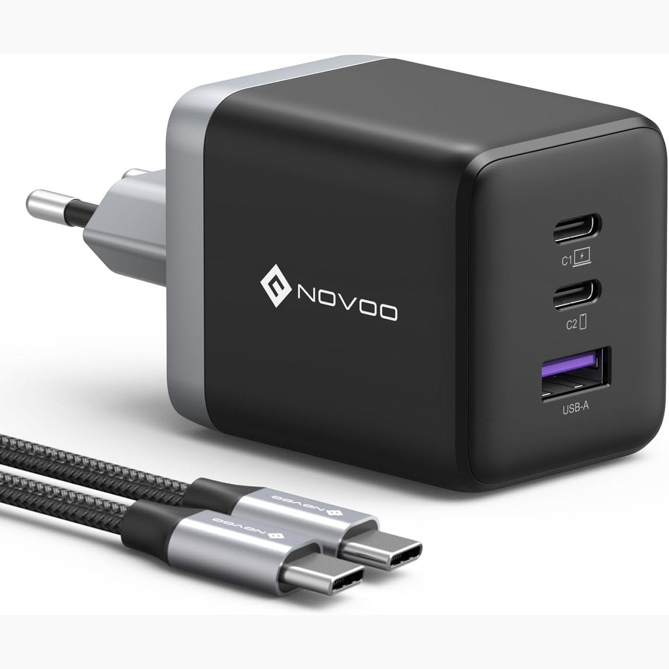 266424 - NOVOO Karikues USB C, 100W, Kabllo USB-C PD, i Shpejtë GaN Ⅲ me 3 Porta për MacBook Pro, Dell XPS 13, iPad Pro, iPhone 16/15/14/13/12, Galaxy S24 Ultra