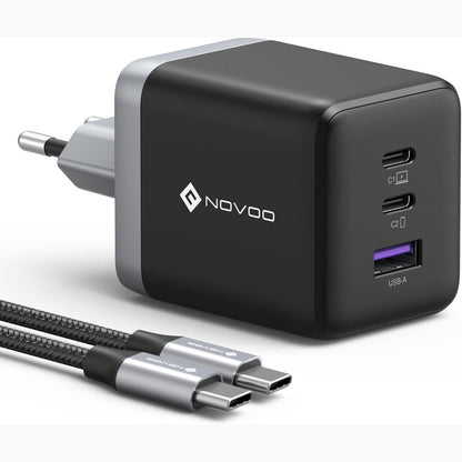 266424 - NOVOO Karikues USB C, 100W, Kabllo USB-C PD, i Shpejtë GaN Ⅲ me 3 Porta për MacBook Pro, Dell XPS 13, iPad Pro, iPhone 16/15/14/13/12, Galaxy S24 Ultra