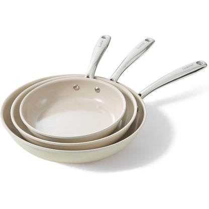 288284 - REDCHEF Set Tiganësh Qeramikë Jo-Ngjitës 20 24 28 cm, pa PTFE, pa PFAS, pa PFOA, të përputhshëm me induksionin, të sigurt për në furrë, të sigurt për në lavastovilje (bezhë)