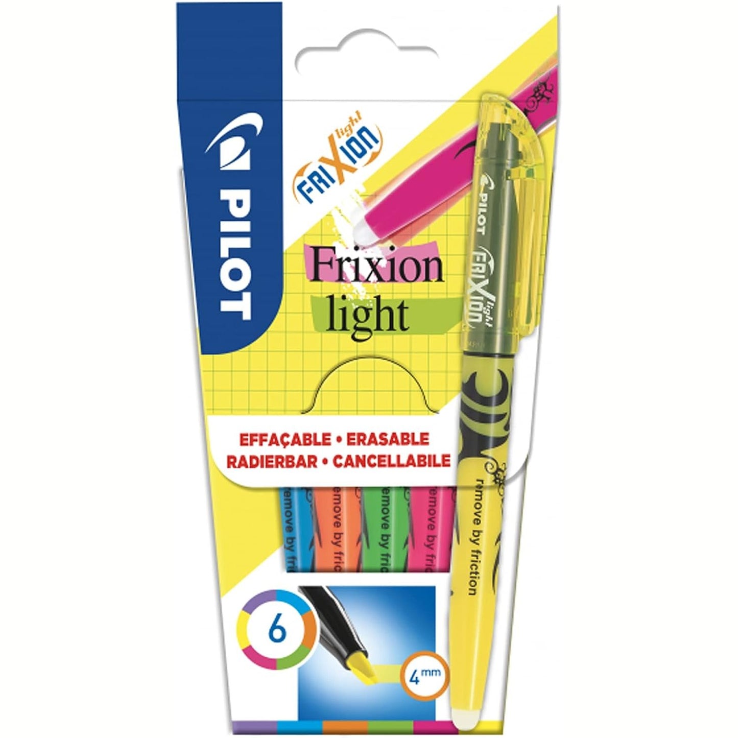 277188 - PILOT Pako me 6 ndriçues FriXion, ngjyrë e fshirë, rozë neoni, e verdhë neoni, vjollcë, blu, portokalli, jeshile, majë dalte për vija të holla ose të gjera