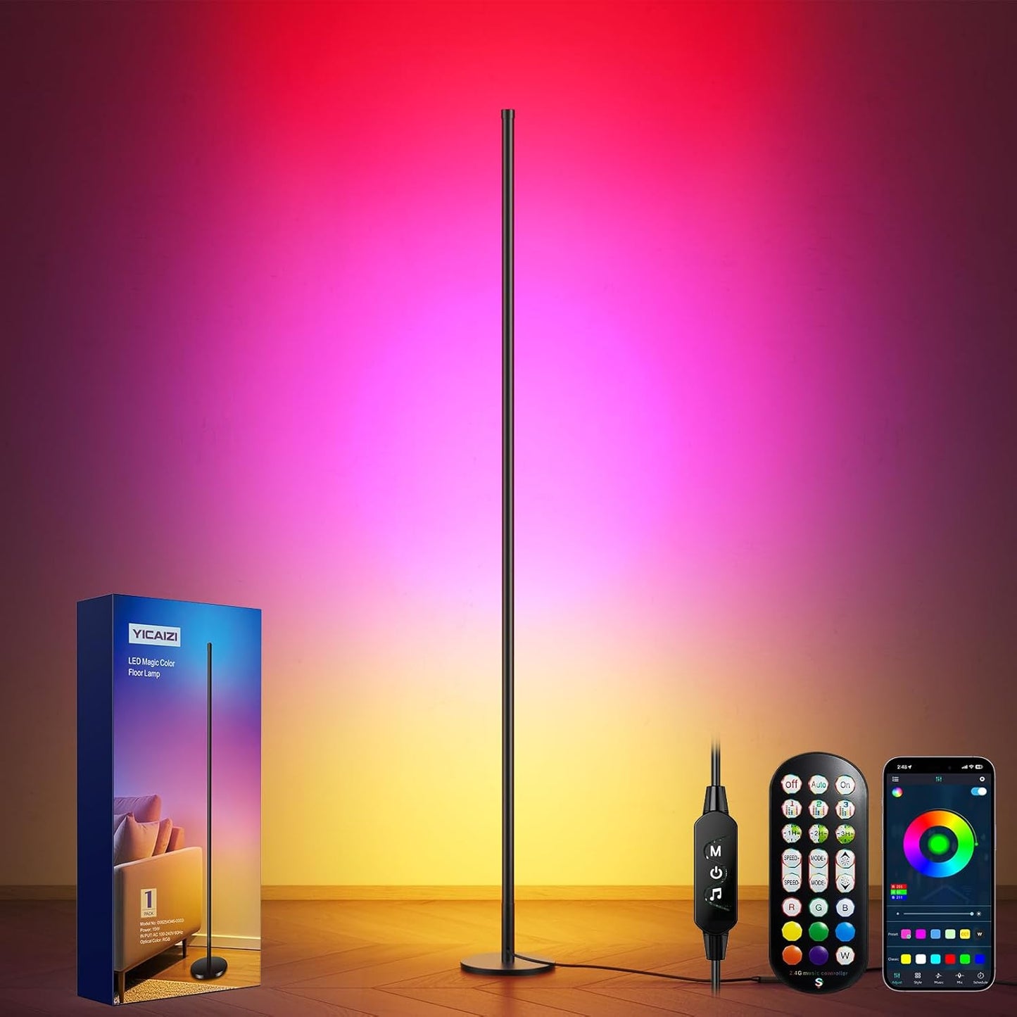 260557 - Llambë dyshemeje këndore LED YICAIZI RGB, 160 cm me kontroll APP dhe telekomandë, sinkronizim muzikor dhe kohëmatës