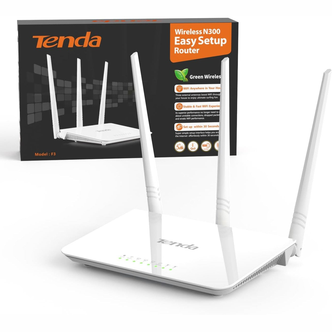 273876 - TENDA Router WiFi F3 N300, deri në 300 Mbps në 2.4 GHz, 3 Antena 5dBi, 3 Porta LAN/WAN, Kontroll Prindëror, Rrjet për Vizitorë, Konfigurim i Lehtë, i Bardhë