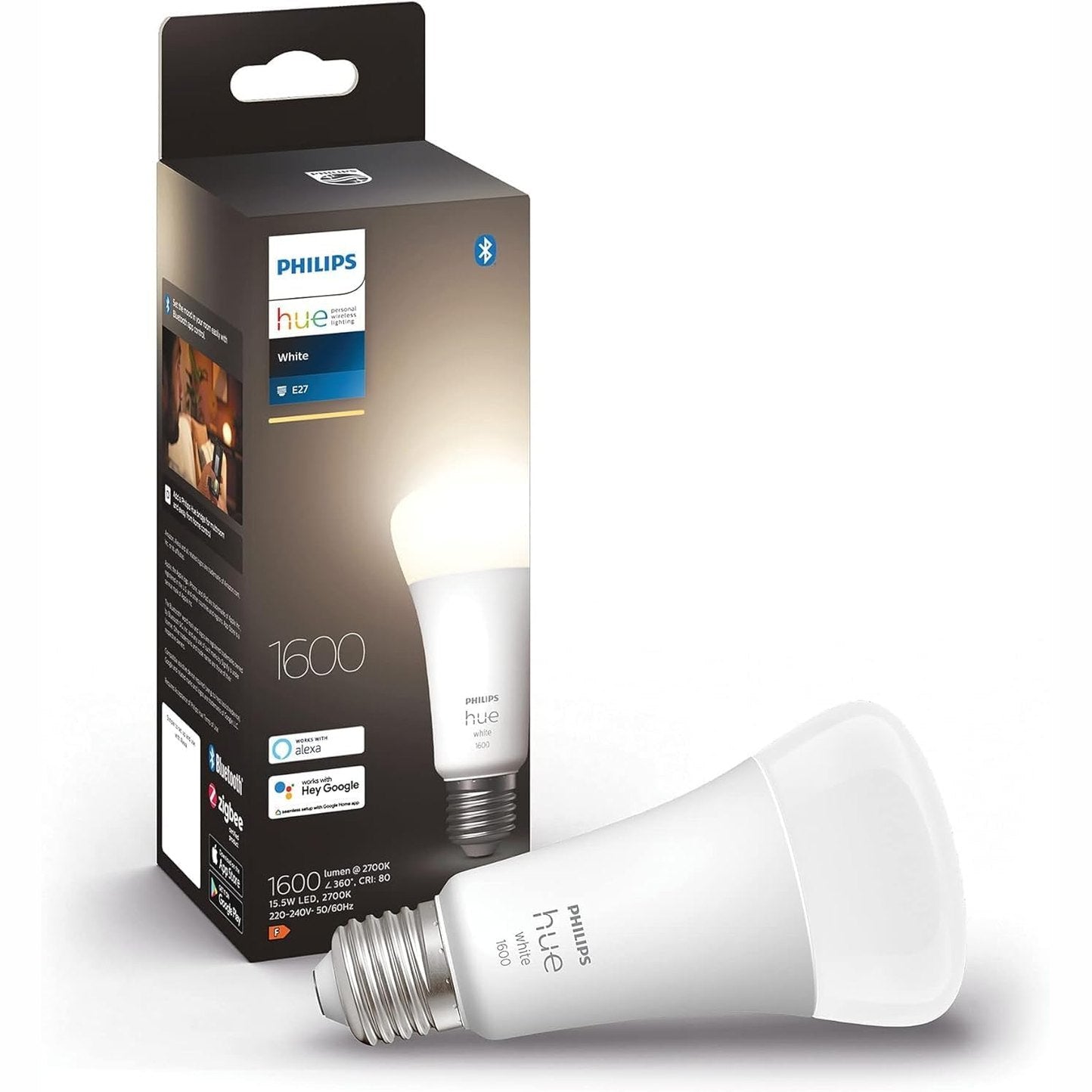 240679 - PHILIPS HUE Llampë LED inteligjente e bardhë, E27, 15.5 W, dritë e bardhë e ngrohtë, me errësim, Bluetooth, funksionon me Alexa, Google Assistant dhe Apple HomeKit