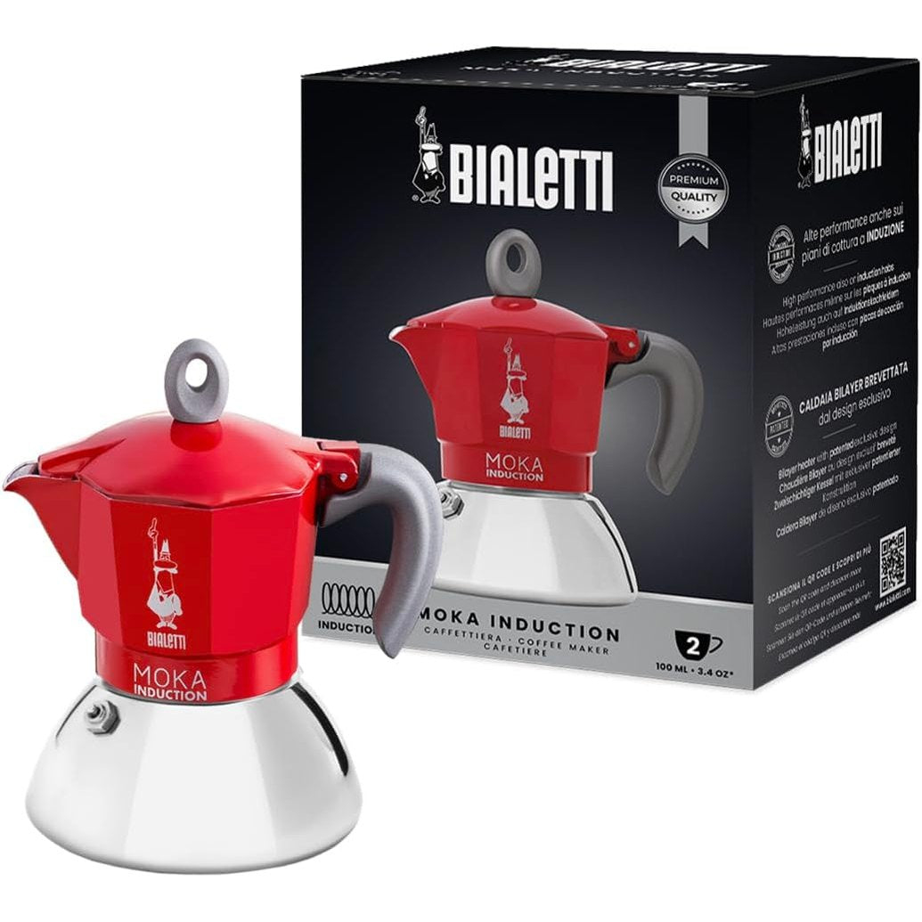 213458 - BIALETTI Tenxhere Moka me Induksion, e përshtatshme për të gjitha sobat, 2 filxhanë kafe Espresso (100 ml), e kuqe