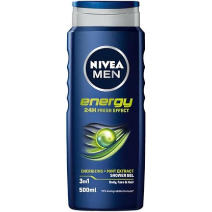 297749 - NIVEA MEN Xhel Dushi Energy 500ml, Kujdes pastrues me ekstrakt menteje, 3-në-1 për trupin, fytyrën dhe flokët