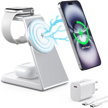 295290 - MAGSAFE Stacion karikimi 3-në-1 për Apple Watch, iPhone, AirPods Pro 2/3, karikues induktiv për seritë iPhone 16/15/14/13/12, ngjyrë argjend