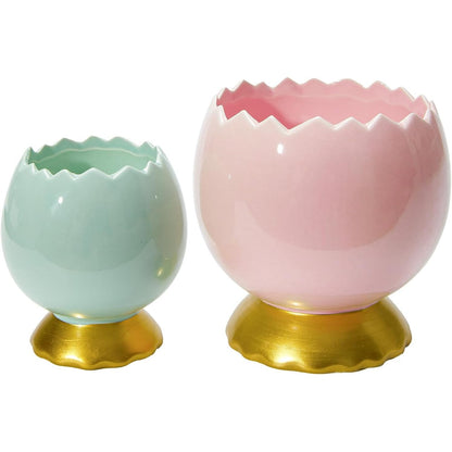 260992 - DN DECONATION - Set me 2 qirinj qeramikë në formë veze të thyer, baza të veshura me ar, dyllë soje aromatike, enë bosh, ngjyrë jeshile pastel dhe rozë, dekorim tavoline
