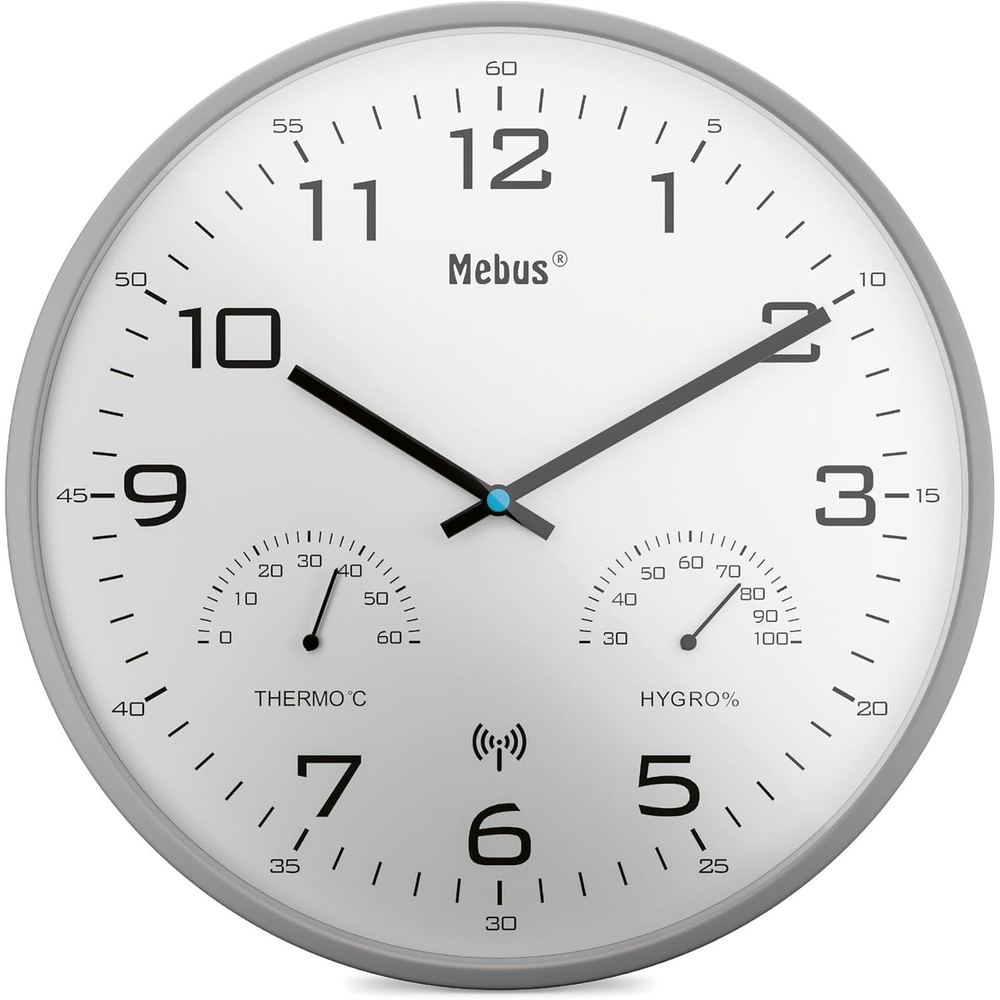 218419 - MEBUS Orë muri moderne me radio e kontrolluar, 30 cm, ekran i temperaturës dhe lagështisë, Modeli: 52842, Ngjyra: Gri