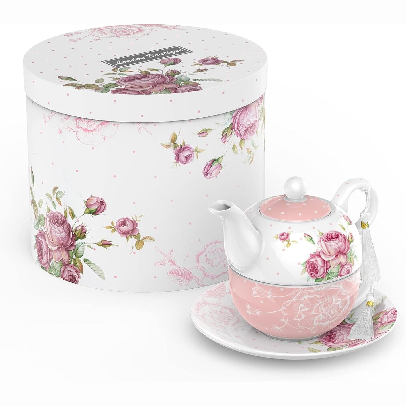 214298 - LONDON BOUTIQUE Çajnik, filxhan dhe pjatëz prej porcelani për 1 person - 350 ml (rozë)