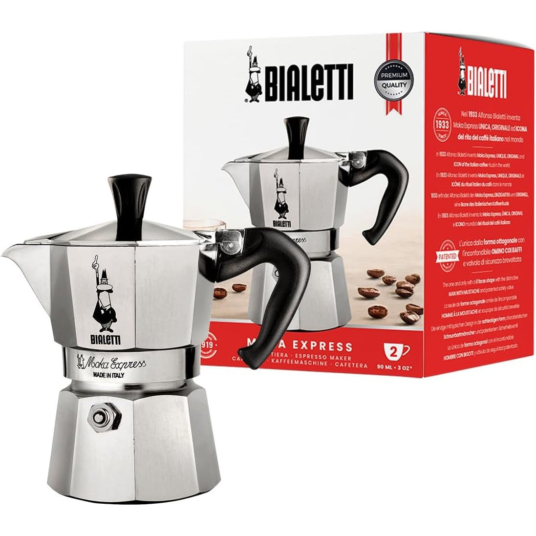 246552 - BIALETTI Moka Express Makinë kafeje alumini për sobë (2 gota), 90 mililitra, argjend/e zezë, 8 x 11 x 11 cm