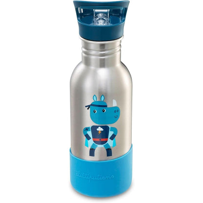 196663 - LILLIPUTIENS - Shishe uji për fëmijë prej çeliku inox, 600ml, Modeli Super Marius, me kashtë dhe bazë silikoni, rezistente ndaj goditjeve, e përshtatshme për mosha 2+ vjeç - 84473