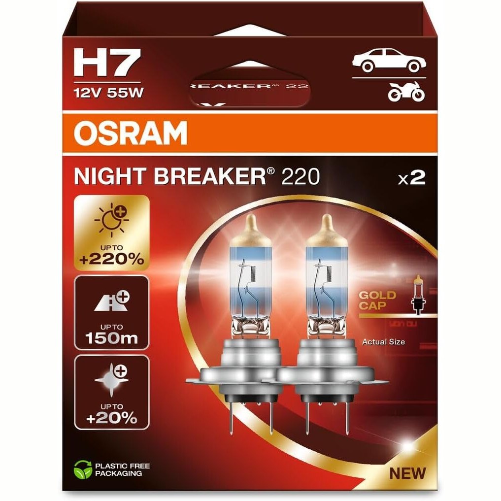 313353 - OSRAM NIGHT BREAKER 220, H7, 220% më e ndritshme, Llambë halogjene për dritat e përparme, 64210NB220-2HB, Kuti e palosshme (2 llamba), e bardhë