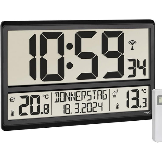 139113 - TFA DOSTMANN Orë Muri Dixhitale XL me Kontroll Radioje, 60.4521.01, Temperaturë e Brendshme dhe e Jashtme, Sensor i Jashtëm, Ditët e Javës, 8 Gjuhë, E Zezë, 360 x 235 x 28 mm, 84g