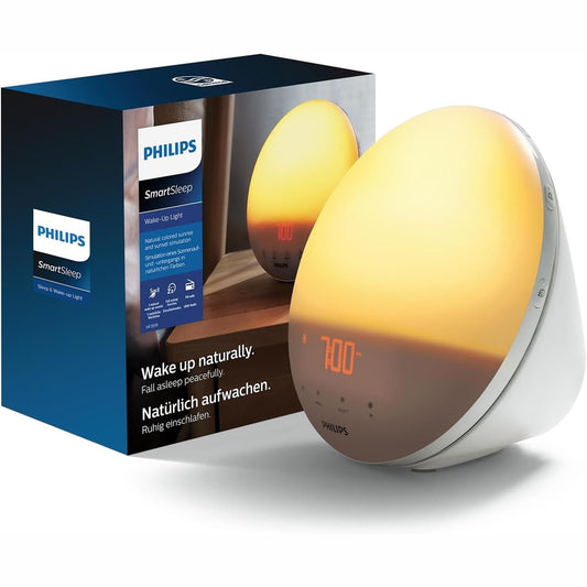 260037 - PHILIPS Dritë Zgjimi SmartSleep, Llambë Shtrati dhe Orë Alarmi, Simulim me Ngjyrë të Lindjes së Diellit, 20 Cilësime Ndriçimi, 6 Tinguj Natyralë Zgjimi, Modeli HF3521/01