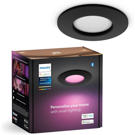 191230 - PHILIPS Hue Smart Dritë Inteligjente e Hollë, Me Ngjyrë të Bardhë dhe Me Ngjyra, 90 mm, Kompatibile me Bluetooth, Kontroll Zanor me Alexa, Apple Home dhe Google Assistant, Ngjyra e Zezë, 1 Pako