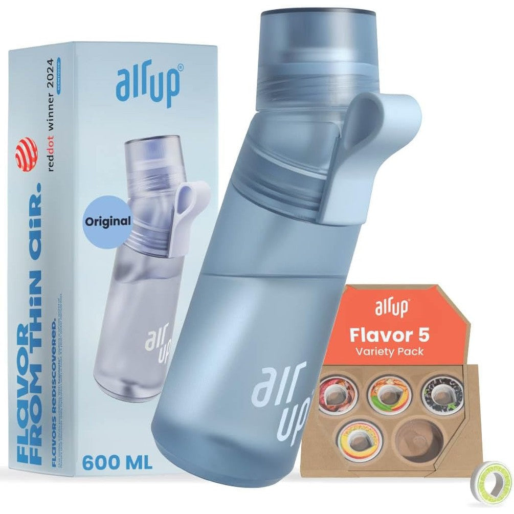 213431 - AIR UP® Shishe për pije (600 ml) për shkollë, sport, palestër | përfshirë 5 kapsula me aromë pa sheqer dhe kashtë | Shishe uji me aromë blu