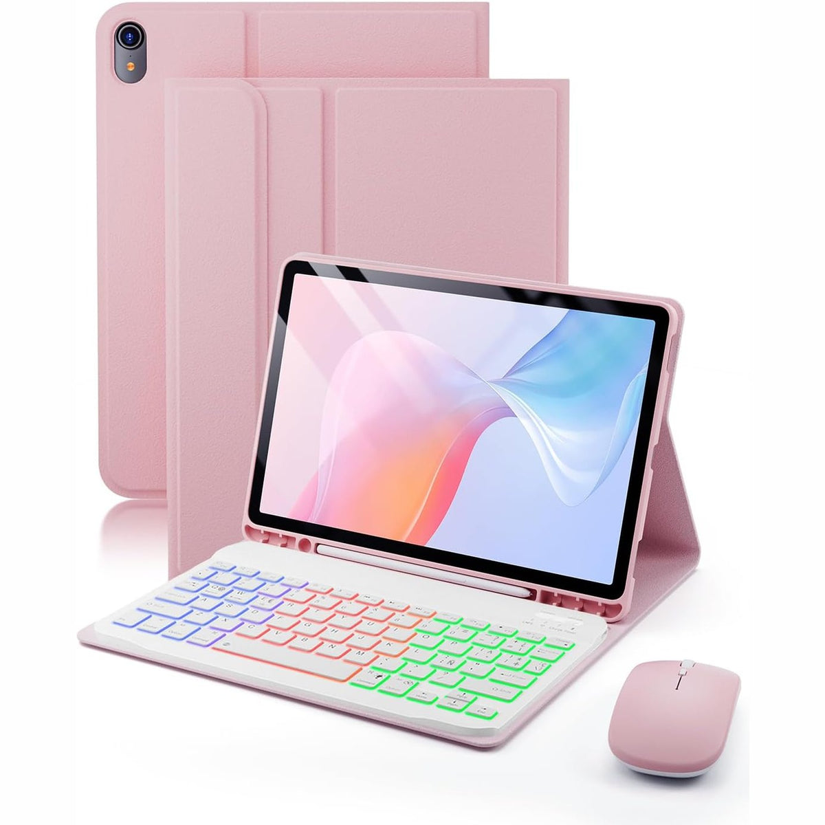 309873 - PËR IPAD A16 11 INÇ DHE 10.9 INÇ ME TASTIERË PA TEL BLUETOOTH ME NDRIÇIM NGA PRAPA, TASTIERË QWERTY, ROZË
