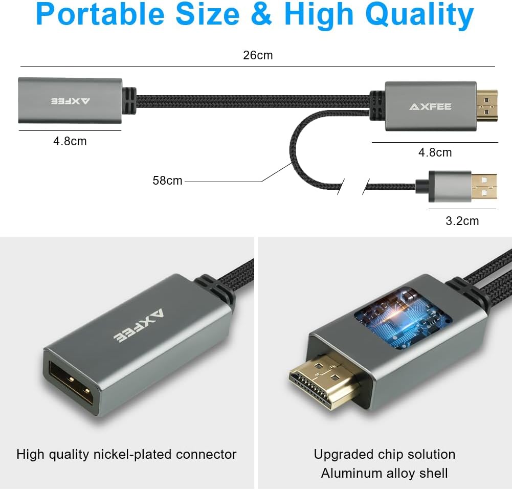 124629 - AXFEE Kablo HDMI në DisplayPort, Burim HDMI 26cm për Monitor Femër DisplayPort, Pajtueshëm me PC, Laptop, PS5, Xbox One (360), Mbështet 4K@60Hz, 2K@144Hz, 1080P@165Hz