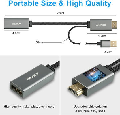 124629 - AXFEE Kablo HDMI në DisplayPort, Burim HDMI 26cm për Monitor Femër DisplayPort, Pajtueshëm me PC, Laptop, PS5, Xbox One (360), Mbështet 4K@60Hz, 2K@144Hz, 1080P@165Hz