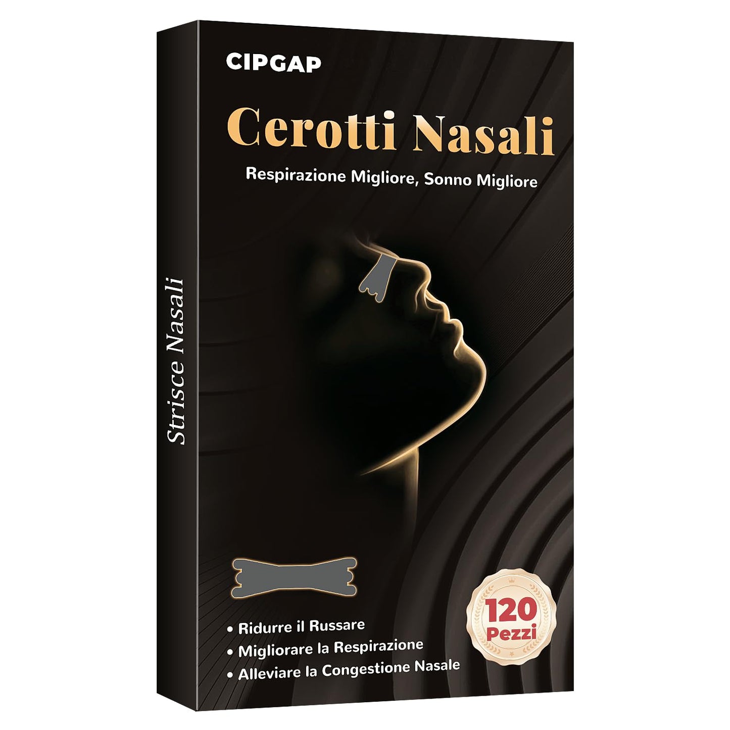 272280 - CIPGAP Shirita nazalë premium 120 copë, fiksim shtesë për sporte, lehtëson bllokimin e hundës, ngjyrë e zezë