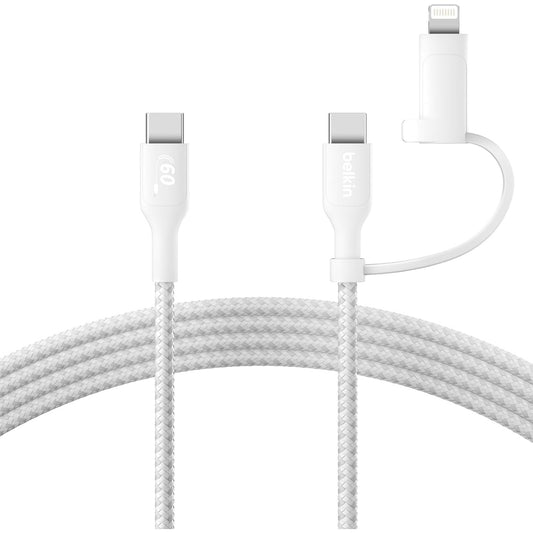 189445 - BELKIN Kabllo Karikimi 2-në-1 me Lidhës USB-C dhe Lightning, i Bardhë, Mbështjellës i Thurur, Karikim i Shpejtë për Apple iPhone, iPad, Samsung