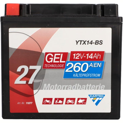 312712 - CARTEC Bateri Motoçiklete YTX14-BS, 14Ah, 260A, Teknologji Xheli, rezistent ndaj ciklit, jetëgjatë, pa mirëmbajtje, e zezë