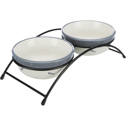 257452 - TRIXIE Set tasash me tasa qeramike – mbajtëse metalike e veshur me pluhur – jo-rrëshqitëse – 26 × 7 × 14 cm – kapacitet 0.3 l për tas